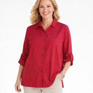 Chicos Crepe Gauze Shirt Womens Sz L Button Front Fuchsia Roll Tab Sleeve Blouse